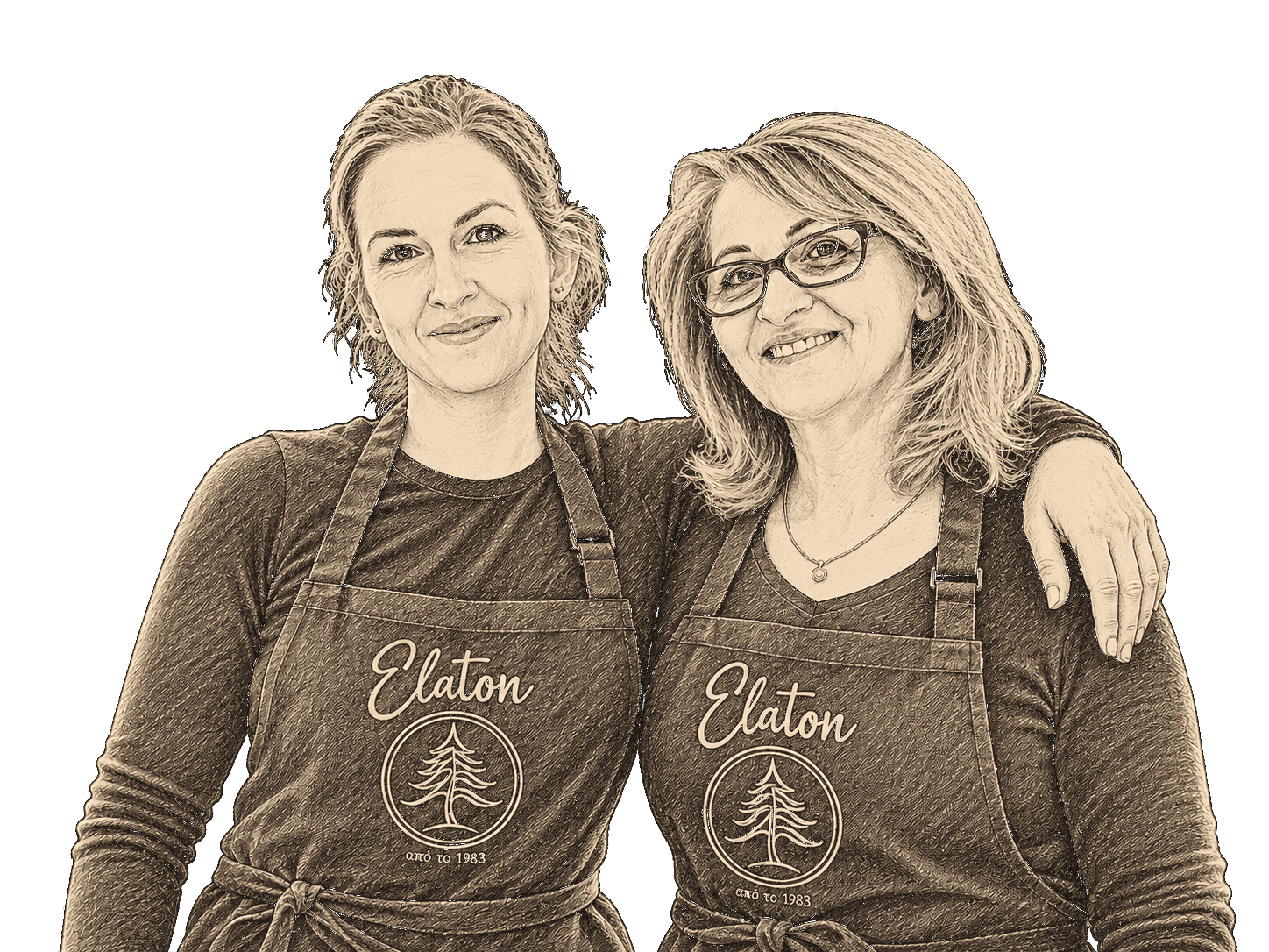 Illustration des ELATON-Teams in Elaton-Schürzen